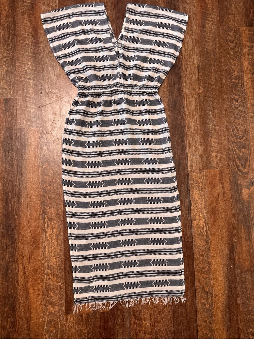 Michael Kors XS Black Ivory Geometric Fringe Hem Midi Dress Boho Cotton - Picture 3 of 11